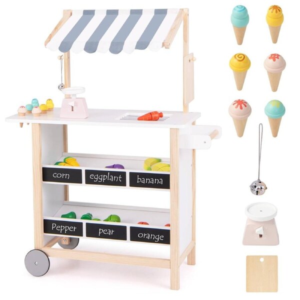 Babyjoy Kid Ice Cream Cart Farmers Market Stand Pretend Play Set w/Chalkboard & Storage Game Toy White