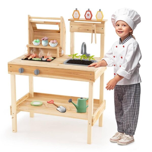 Babyjoy Kid Kitchen Playset BBQ Grill Toy Set w/Seasoning Bottles & Play Food Grilling Tools Natural