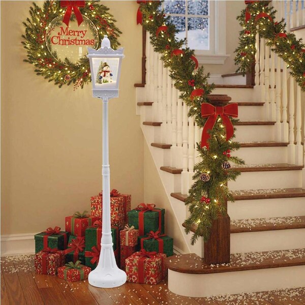 Costway 185cm Christmas Street Lamp Musical Light Post Streetlight Lantern w/Xmas Tree & Snowman Decoration White