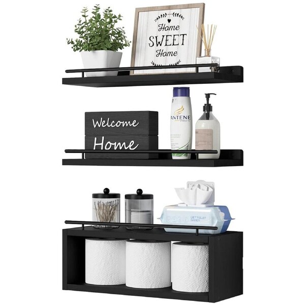 DelSol Set of 3 Floating Shelves for Wall with Cube Shelf,Wall Shelves with Metal Rail for Bathroom,Living Room,Bedroom
