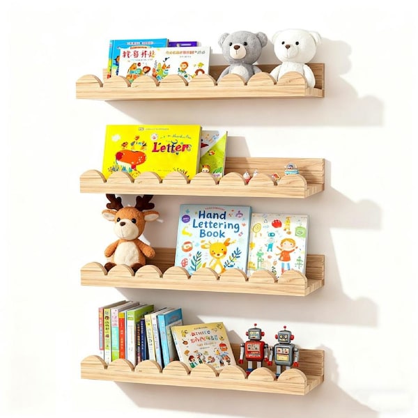 DelSol 4 Pack Nursery Book Shelves Floating Shelves for Wall, Scalloped Shelves, Wall Shelves for Bedroom Kids,Nursery Decor-Natural