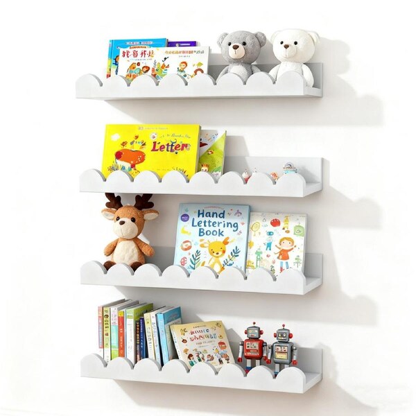 DelSol 4 Pack Nursery Book Shelves Floating Shelves for Wall, Scalloped Shelves, White Wall Shelves for Bedroom Kids,Nursery Decor
