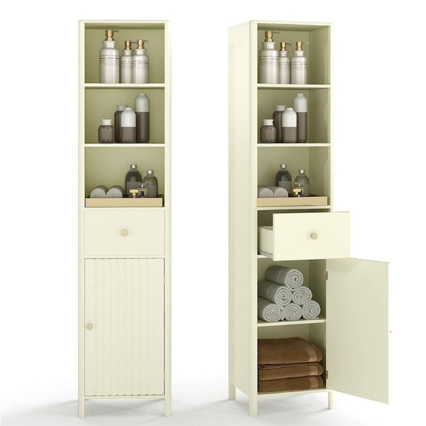 Giantex 1.7m Narrow Cupboard Organizer Bathroom Storage Cabinet w/Fluted Door Drawer Beige