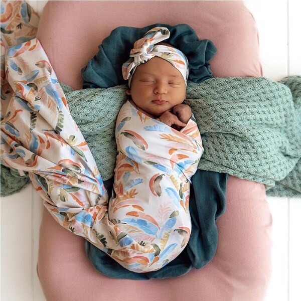 Snuggle Hunny Summer Palm Organic Jersey Wrap & Topknot Set