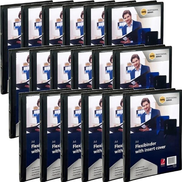 Marbig Flexibinder 2 Ring 20mm A4 Clear Cover Black Folder 18 Pack BULK