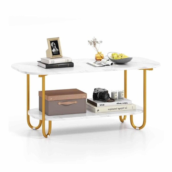Giantex 2-Tier Faux Marble Coffee Table Metal Side Table w/Rounded Corners Storage Shelf White