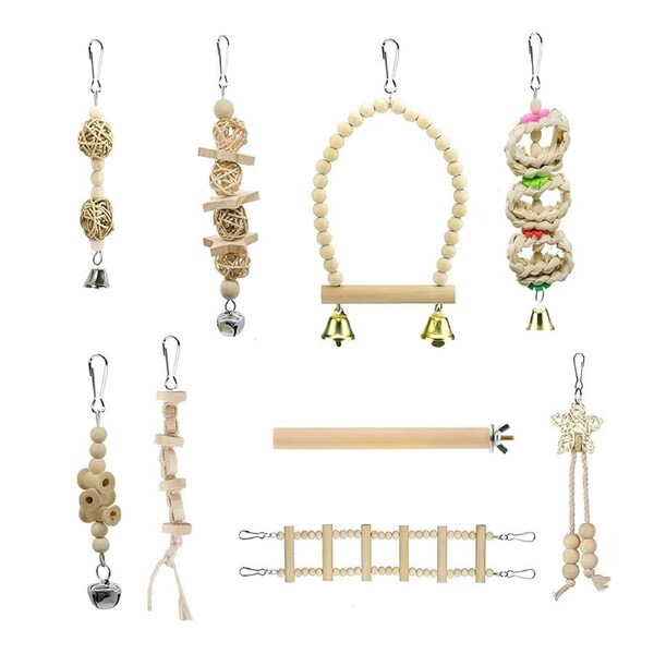 Bird Chew Toys Wooden Color 9-Piece Set Swing Hanging Bridge for Parrots AUS