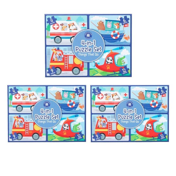 3PK Learning Can Be Fun 4-In-1 Kids Puzzle Activity Set Things That Go 4-12 Pc