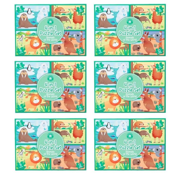 6PK Learning Can Be Fun 4-In-1 Childrens Puzzle Set Animals Of World 4-12 Pieces
