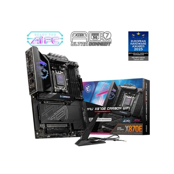 MSI MPG X870E CARBON WIFI, AMD AM5 ATX Motherboard 4x DDR5~256GB, 3x PCIe x16, 4x M.2, 9x USB 3.2, 4x USB-C