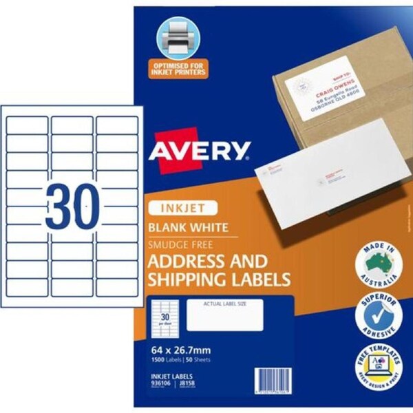 Avery Inkjet Label J8158 30UP Pk50