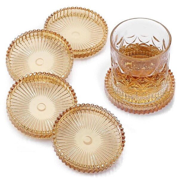 DelSol Drink Coasters Set of 5 for Coffee Table Decor Glass Coasters for Drinks Cups Home Decor Gifts Office Coffee Bar Dining Table Amber