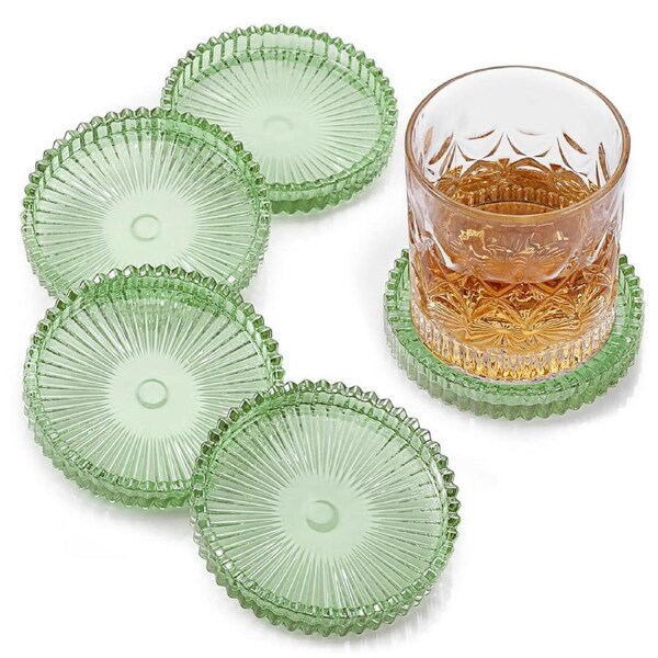 DelSol Drink Coasters Set of 5 for Coffee Table Decor Glass Coasters for Drinks Cups Home Decor Gifts Office Coffee Bar Dining Table Green