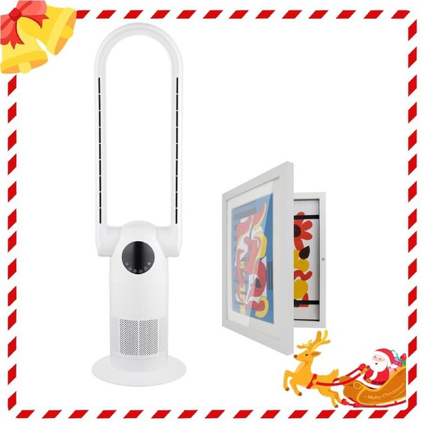 White Electric Bladeless Heat Cool Fan Timer Remote Control HEPA Filter Purification w/ Art Frame Gift Set