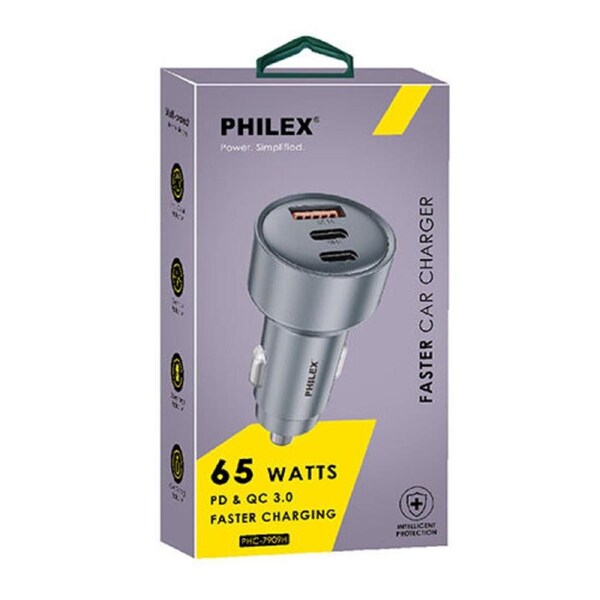 PHILEX PHC-7909H 65 Watts PD & QC 3.0 Faster Charging Car Charger 32 × 32 × 66mm