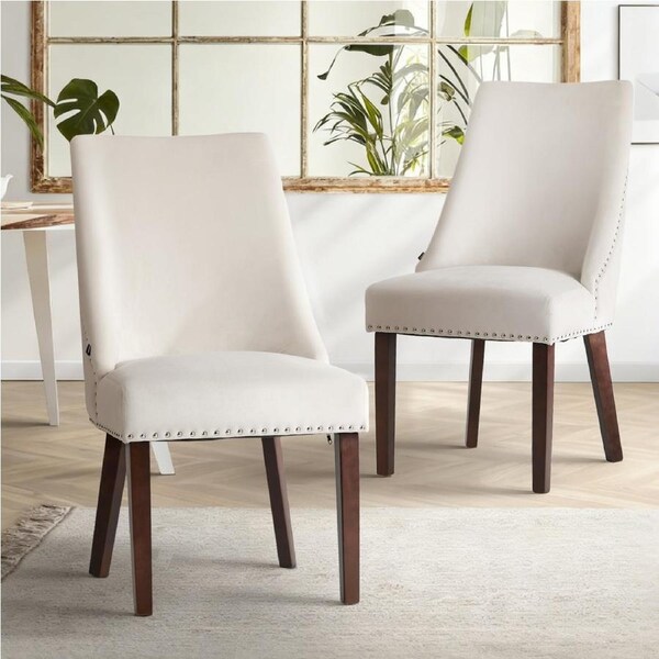 Oikiture 2PCs Velvet Dining Chair Kitchen Padded Seat Winglet Design Beige