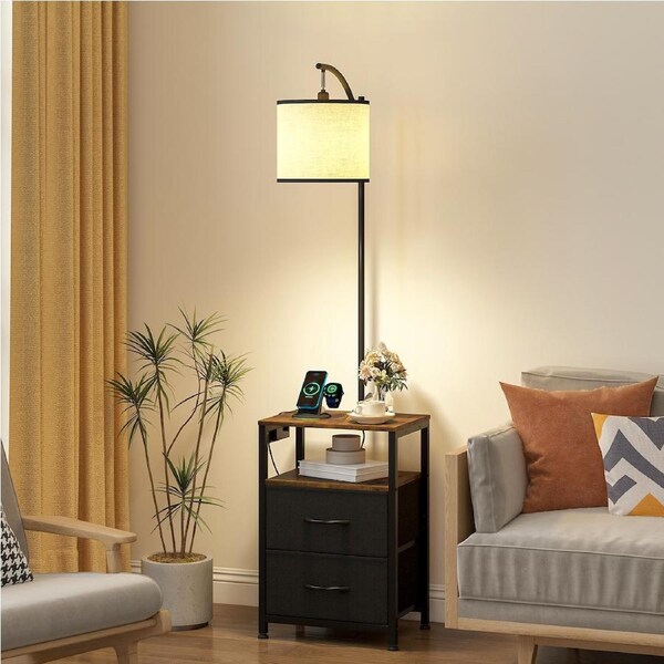 Advwin LED Side Table w/ Floor Lamp & 2 Drawers Nightstand with Charging Station