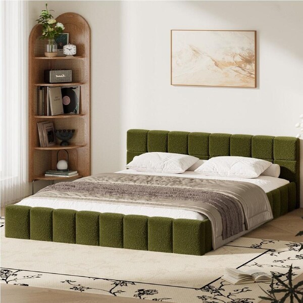Oikiture Bed Frame Queen Size Tufted Headboard Green Boucle