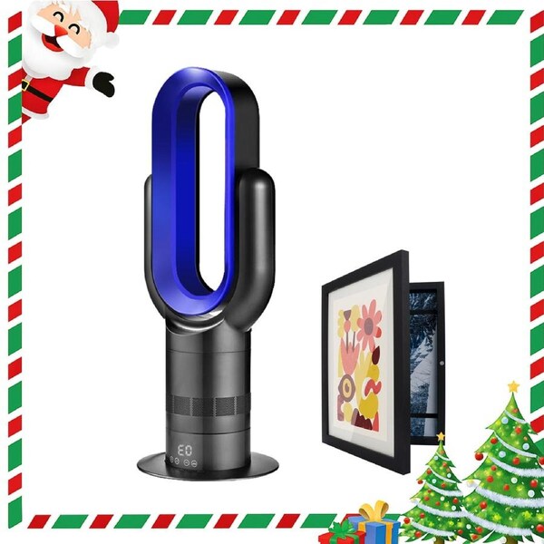 ACA Electric Bladeless Fan Heat Cool Floor Fan Timer Remote Control Black & Blue w/ Display Frame Gift Set