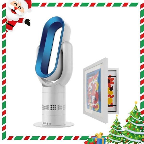 ACA Electric Bladeless Fan Heat Cool Floor Fan Timer Remote Control White & Blue w/ Photo Frame Gift Set