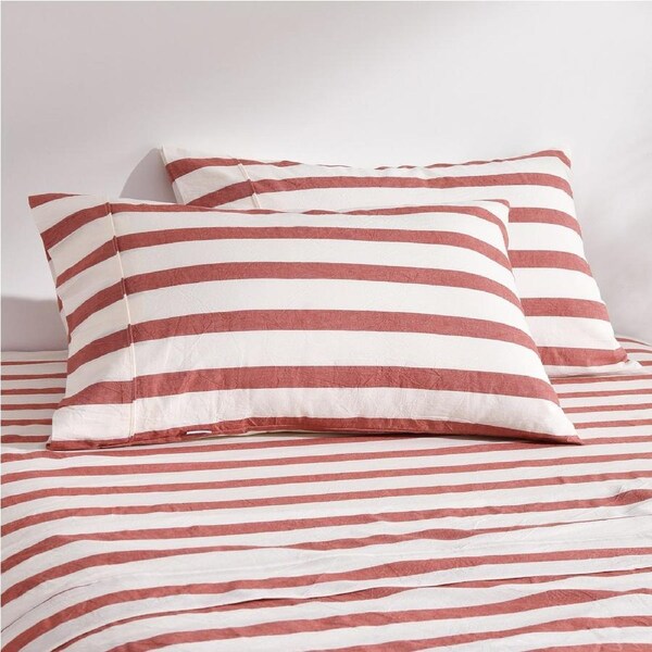 Dreamaker Cove Washed Cotton Yarn Dyed Wide Stripe Pillowcase Rust Twin Pack