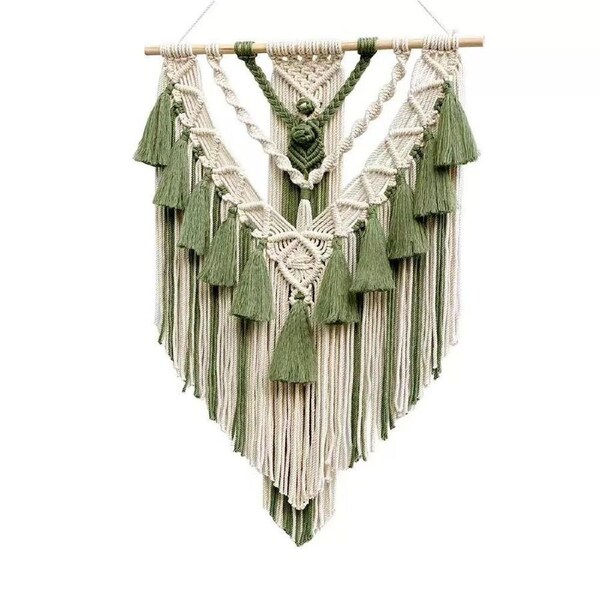 Wall Hanging Decor, Geometric Woven Tapestry Rack,Chic Cotton Handmade Bohemian Art ,Green