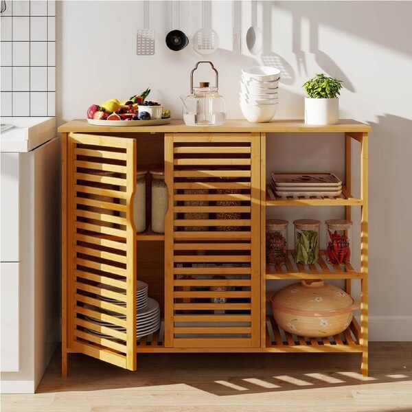 Costway Bamboo Bathroom Storage Cabinet Kitchen Buffet Cupboard Sideboard 4-tier Laundry Shelf Organizer Hallway