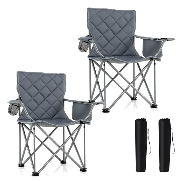 Costway 2x Oversized Camping Chair Portable Folding Picnic Chair w/Cup Holder Cooler & Carry Bag Outdoor 227KG Grey