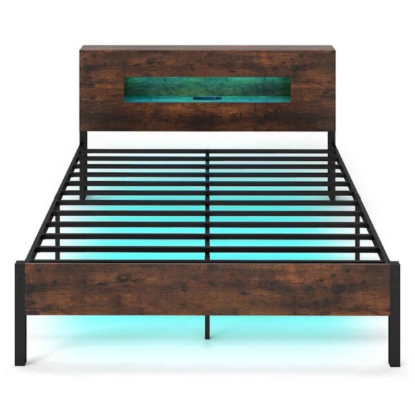 Costway 2.25M Metal Bed Frame Queen Size Bed w/Power Outlet & Light Strip Black