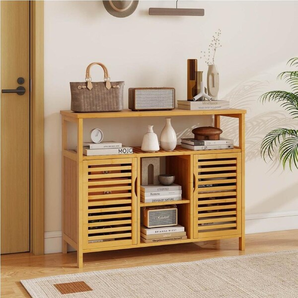 Costway Bathroom Bamboo Storage Cabinet Cupboard Sideboard Laundry Organizer Entryway Shoe Rack Shelf Hallway Table