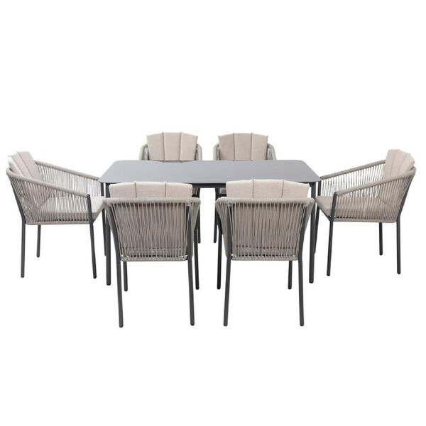 Design Square 7Pcs Outdoor Furniture Dining Set Rectangular Dining Table 150cm & Steel Frame Dining Chairs Light Grey/Dark Grey
