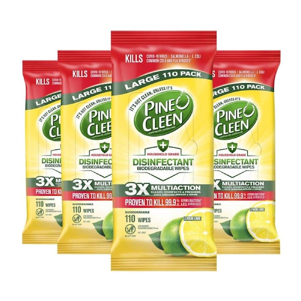 Pine O Cleen Disinfectant Wipes Biodegradable Lemon Lime 440 Count (110 Count × 4 Packs)
