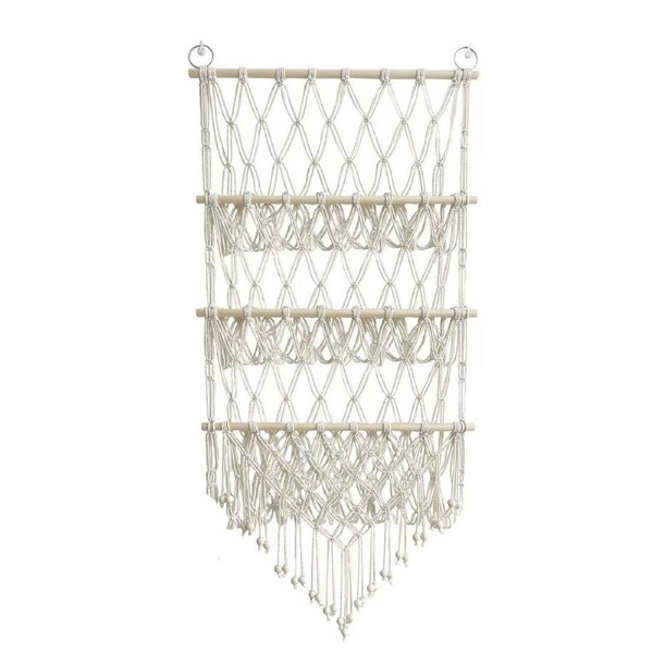 Macrame Wall Storage Rack Cotton Rope Off-White Adjustable Height