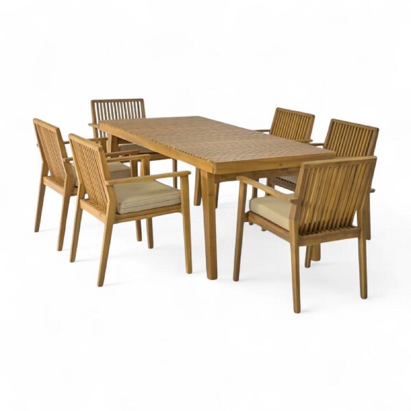 Lillian 7-Piece Acacia Timber Outdoor Dining Setting with 6 Chairs & Cushions (Natural/Cream)