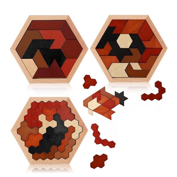 Nevenka 3 Pcs Hexagon Tangram Puzzle Wooden Montessori Toy for Kids-Set C