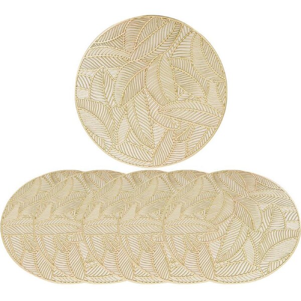Nevenka 6 Pcs Placemats Round Leaf PVC Hollowed-Out for Party Wedding-Gold