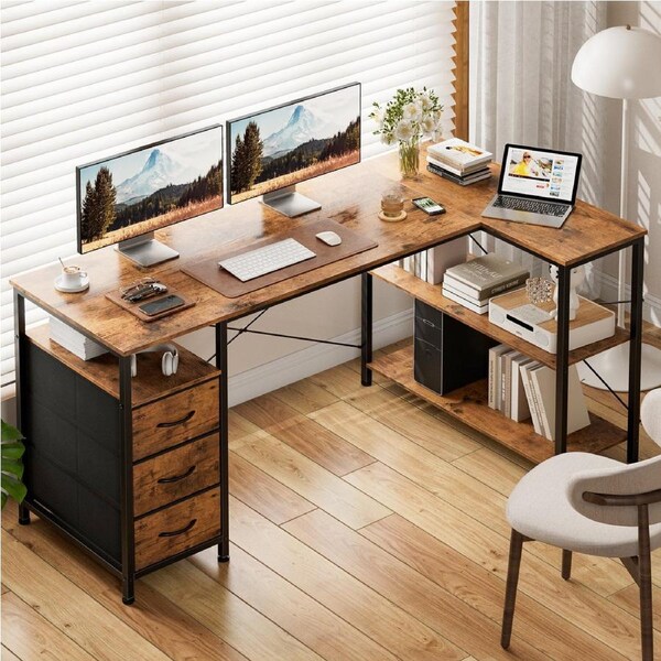 Tioiear L Shaped Computer Desk with 3 Fabric Drawers, Office Table with 3 Reversible Storage Shelves, 150x80x75cm Corner Desk with Headphone Hook Brown