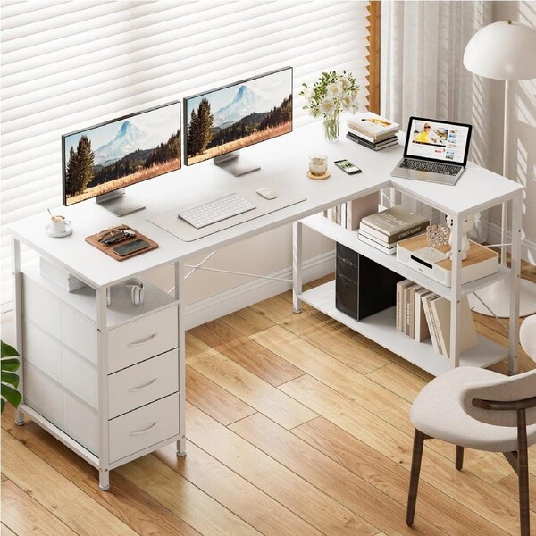 Tioiear L Shaped Computer Desk with 3 Fabric Drawers, Office Table with 3 Reversible Storage Shelves, 150x80x75cm Corner Desk with Headphone Hook, Modern Simple Working Table for Gaming Writing White