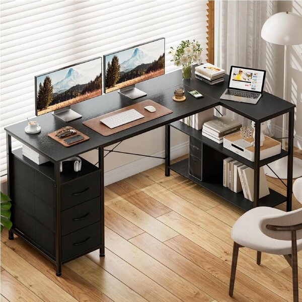Tioiear L Shaped Computer Desk with 3 Fabric Drawers, Office Table with 3 Reversible Storage Shelves, 150x80x75cm Corner Desk with Headphone Hook, Modern Simple Working Table for Gaming Writing Black