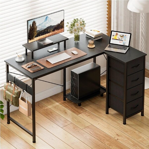 Tioiear L Shaped Computer Desk with Monitor Stand, Reversible Corner Gaming Desk 4 Fabric Drawers 120x80x86cm Black