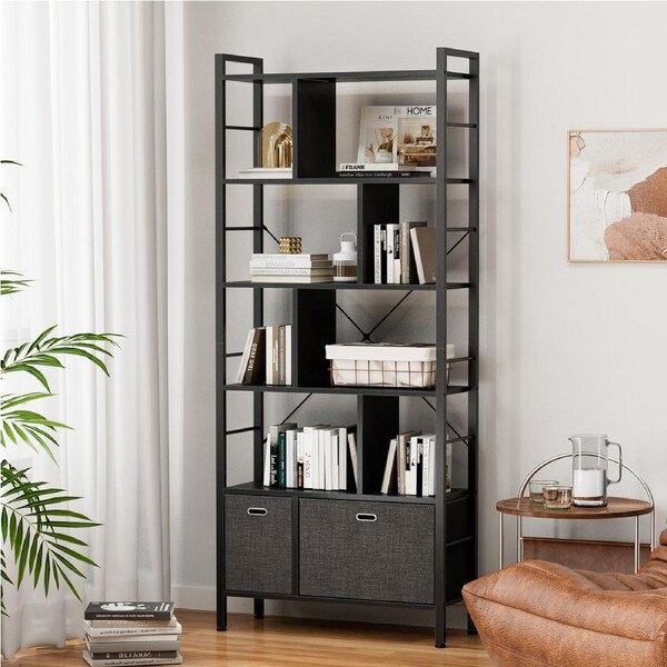 Tioiear Bookshelf with Drawers - 5 Tier Tall Bookcase Geometric Modern Book Shelf Display Standing Bookshelves with Storage for Living Room, Bedroom Home Office