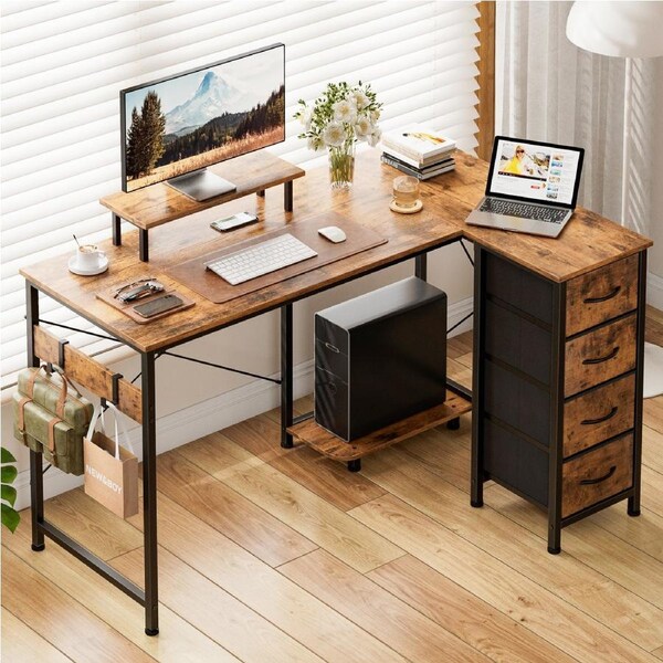 Tioiear L Shaped Computer Desk with Monitor Stand, Reversible Corner Gaming Desk 4 Fabric Drawers 120x80x86cm Rustic Brown