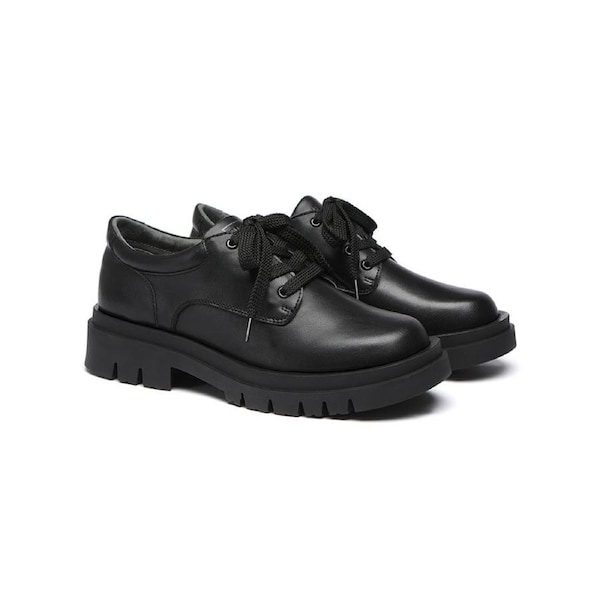 EVERAU® Senior Black Leather Large Size Lace Up School Shoes Black / AU Ladies 12 / AU Men 10 / EU 43