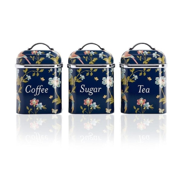 3pc Laura Ashley Canister Set S/S Easy Clean Elveden Navy with Lid Blue