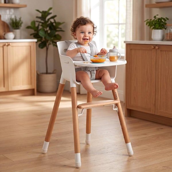 PlayPals Baby High Chair Toddlers Feeding Seat 2 Height Modes Adjustable Footrest White