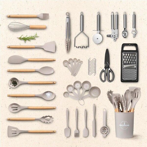 ZUNI 44PCS Silicone Cooking Utensils Set Heat Resistant Kitchen Cookware Grey