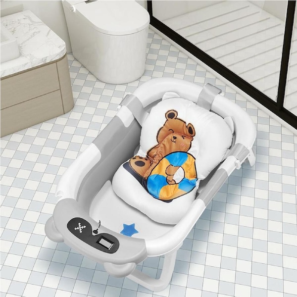 Playpals Collapsible Baby Bathtub with Thermometer Portable Tub Grey