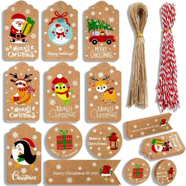 100 Pcs Christmas Kraft Paper Gift Tags, Xmas Tree Present Hang Labels with Twine for DIY Homemade Holiday Present Wrap Name Tag Label,for Merry Christmas Holiday Party Supplies ASSORTED