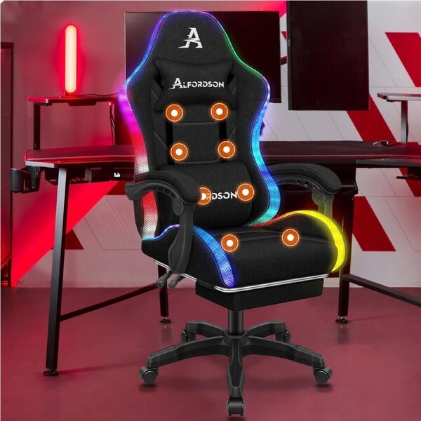 ALFORDSON Gaming Chair Office Massage 12 RGB LED Fabric All Black