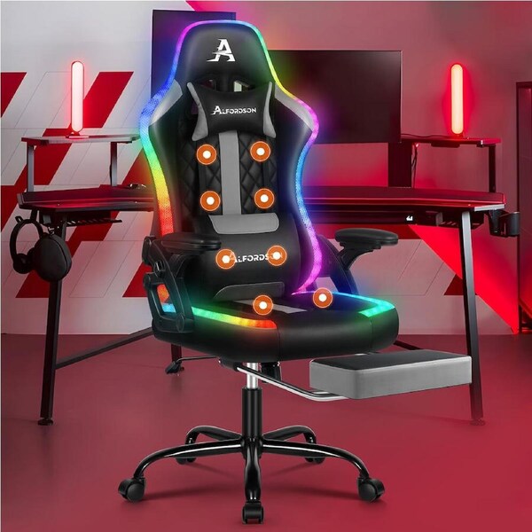 ALFORDSON Gaming Chair Office Massage 12 RGB LED Computer Chair Leather Black Grey